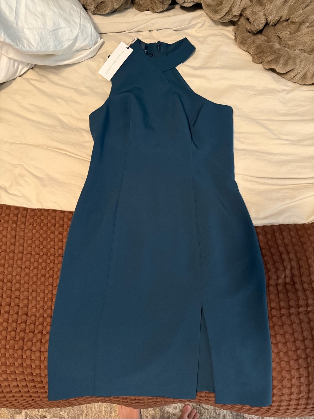 French Connection Teal Halter Mini Dress with Front Slit